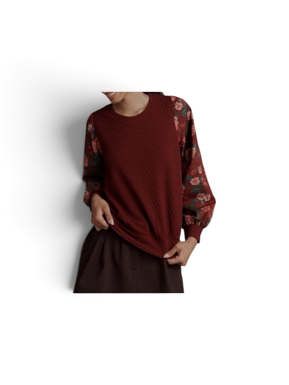 Women's Burgundy Floral Sleeve Knit Top